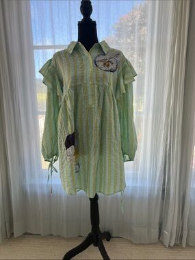 Anthropologie Mint Green & White Striped Long-Sleeve Tunic with Floral Appliqué